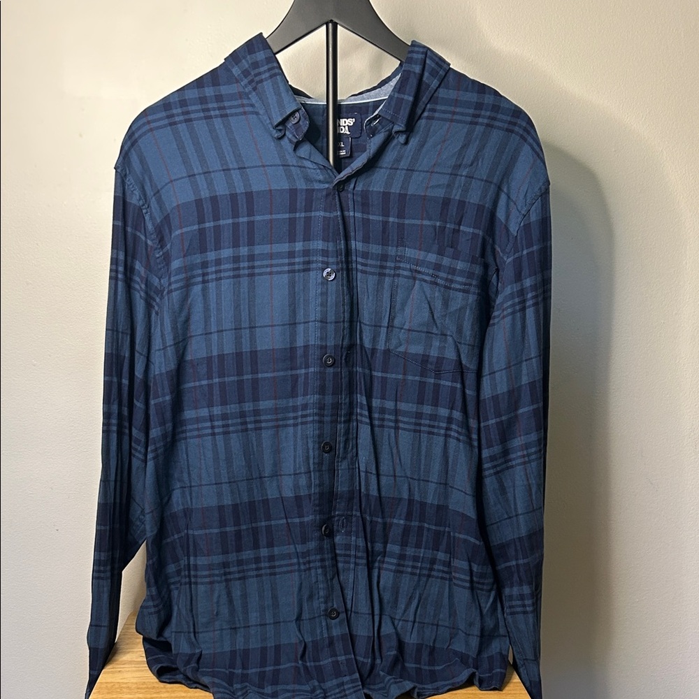 Lands' End Navy and Blue Plaid Button Down Shirt